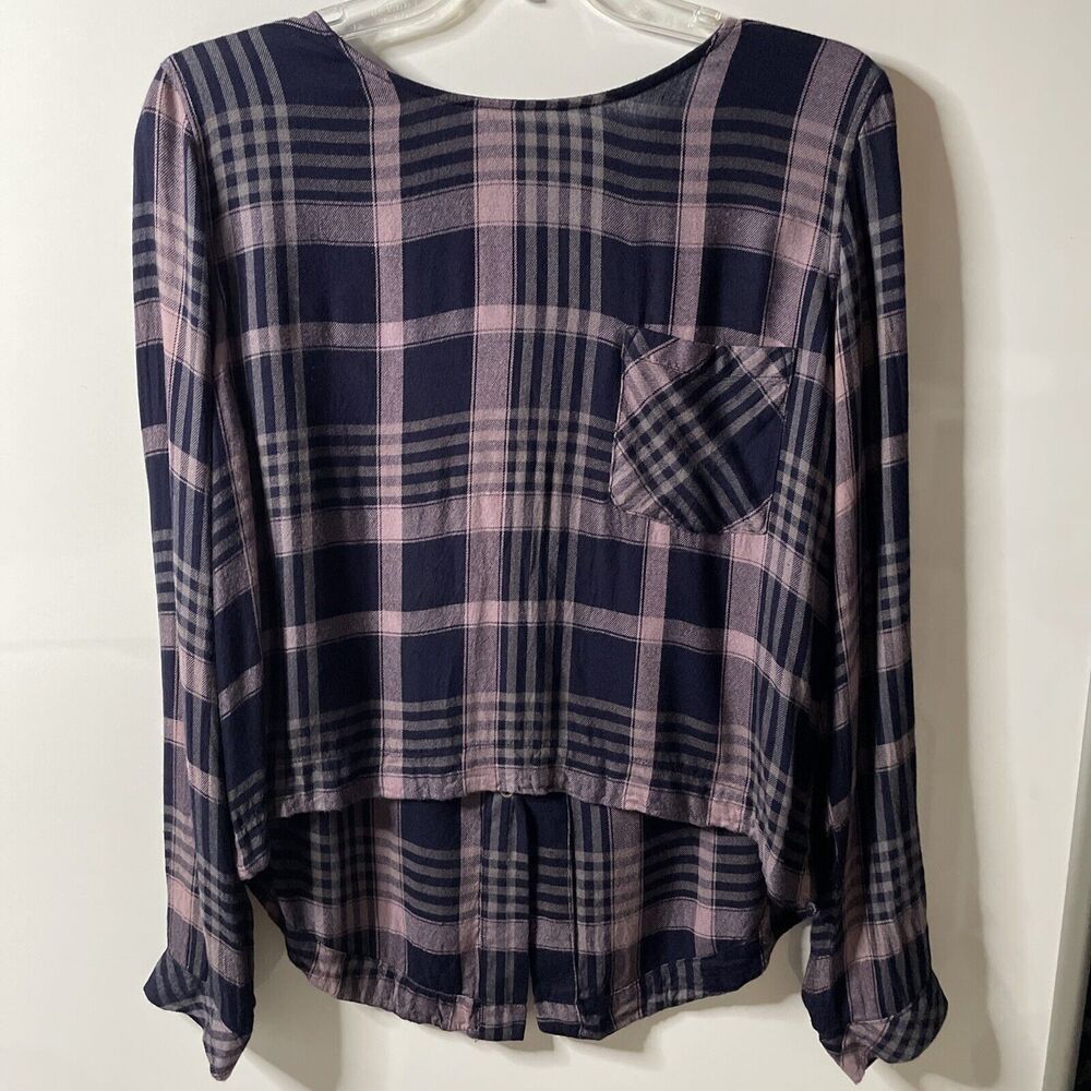 Cloth & Stone Medium Top Plaid Lace Up Back Blouse Navy Blue Purple Lightweight